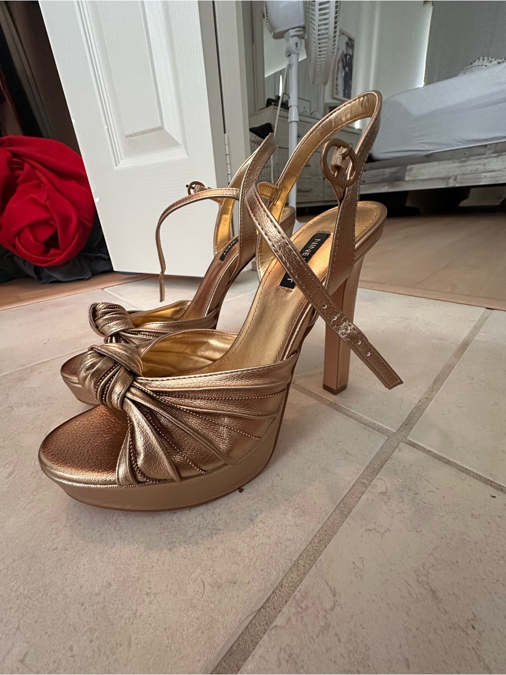 Nine West Metallic Gold Knot Platform Slingback Heels